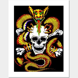 Dragon Embracing Skull and Cross Bones Print Posters and Art